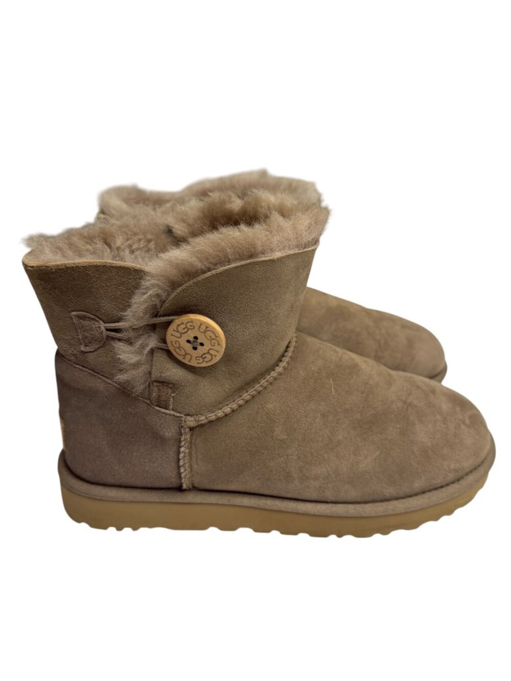 Ugg Mini Bailey Button Boots Suede Shearling Shoes Women Tan Brown 10